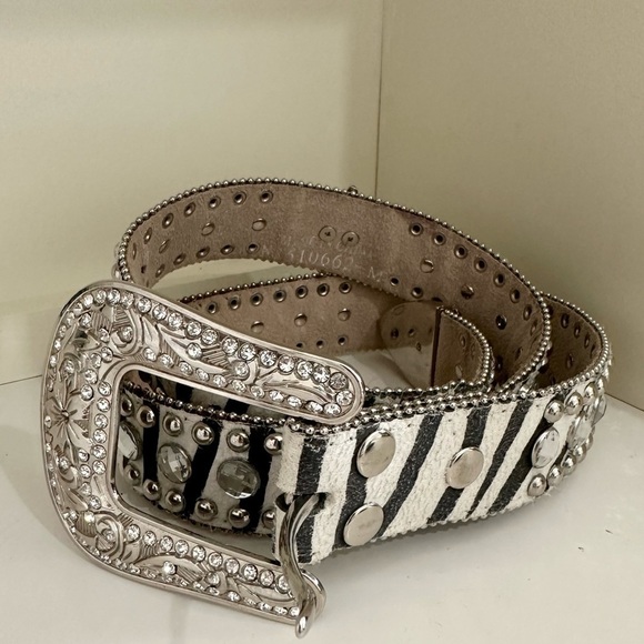 Accessories - Womens Leather Belt Black White Zebra Print Bling Rhinestone cowgirl